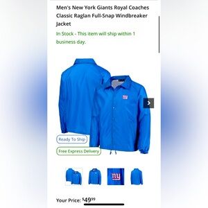NY GIANTS NEW NFL sideline Windbreaker Nike Large pockets, drawstring, snaps